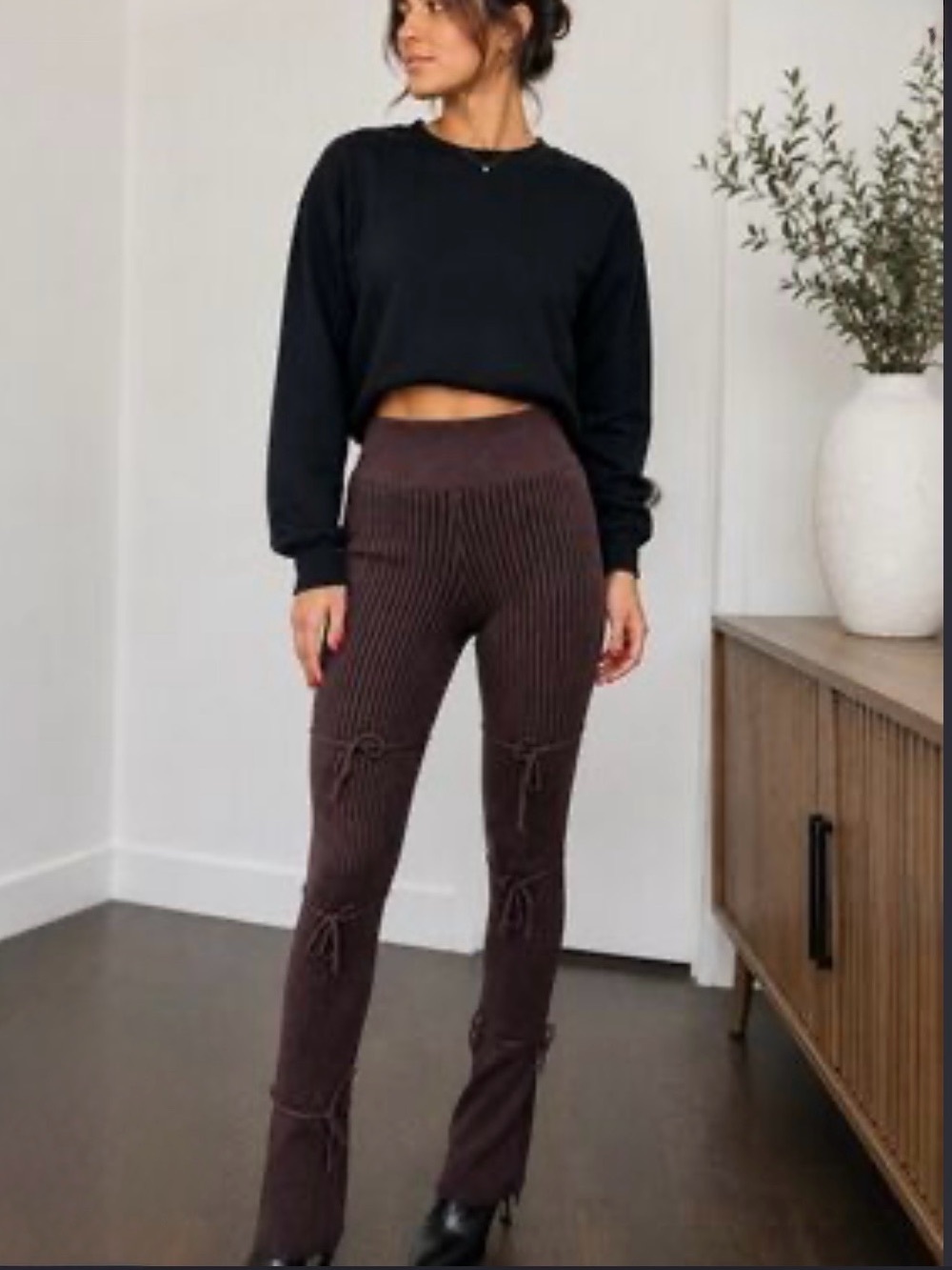 Maniere De Voir Chocolate Ribbed Tie-Detail Pants 7.1T